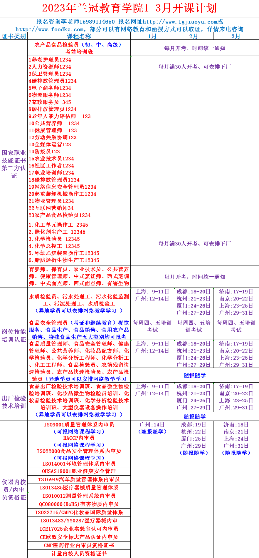 2023年度1-3月开课安排